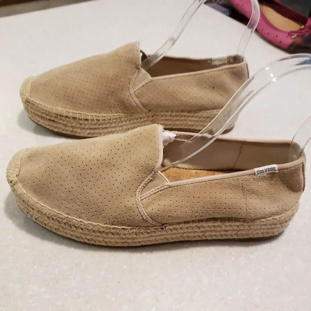 Soludos Tan Malibu Platforms Suede Flats Size 9.5